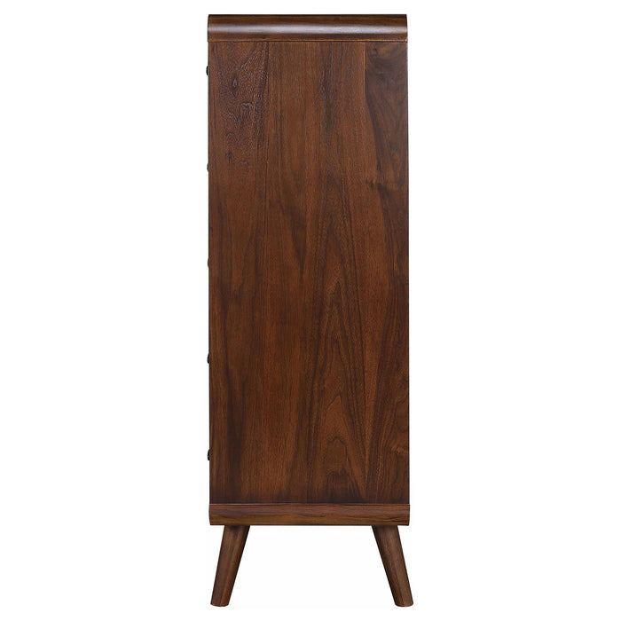 Dark walnut Robyn 5-drawer bedroom chest of drawers by CoasterEssence, showcasing sleek wooden storage with modern design.