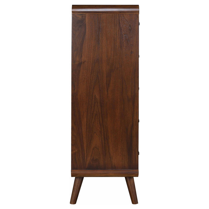 Robyn 5-drawer bedroom chest of drawers in dark walnut wood, modern furniture piece with sleek handles for stylish storage.
