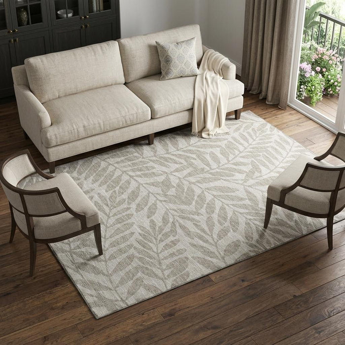 10' X 14' Botanical Leaves Washable Area Rug With UV Protection (644850) - Taupe / Ivory