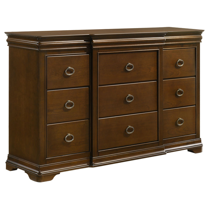 Four-piece Eastern King bedroom set by CoasterEveryday featuring a brown cherry finish, includes bed frame, nightstands, and dresser.