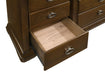 Four-piece Eastern King bedroom set in brown cherry wood, including bed frame, nightstands, and dresser from CoasterEveryday furniture collection.