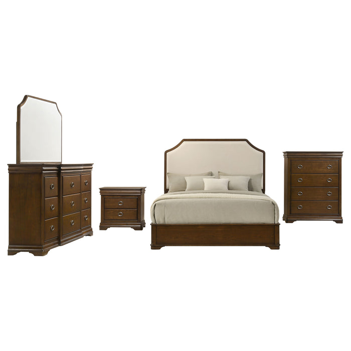 Brown Cherry 5-piece Eastern King bedroom furniture set by CoasterEveryday with a bed, nightstands, and matching dresser.