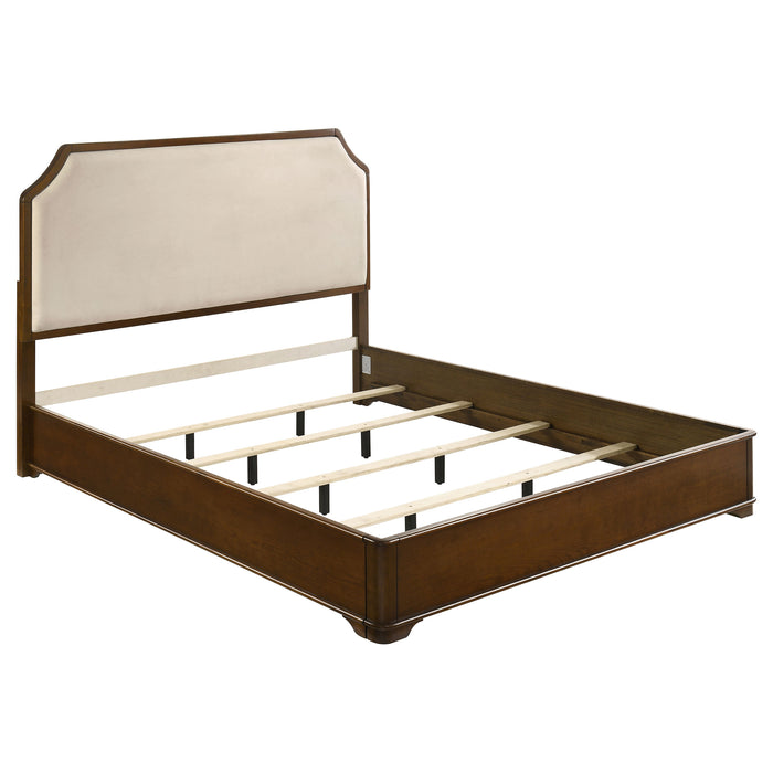 Five-piece Eastern King bedroom set in brown cherry wood, including a bed frame, dresser, and nightstands, by CoasterEveryday.