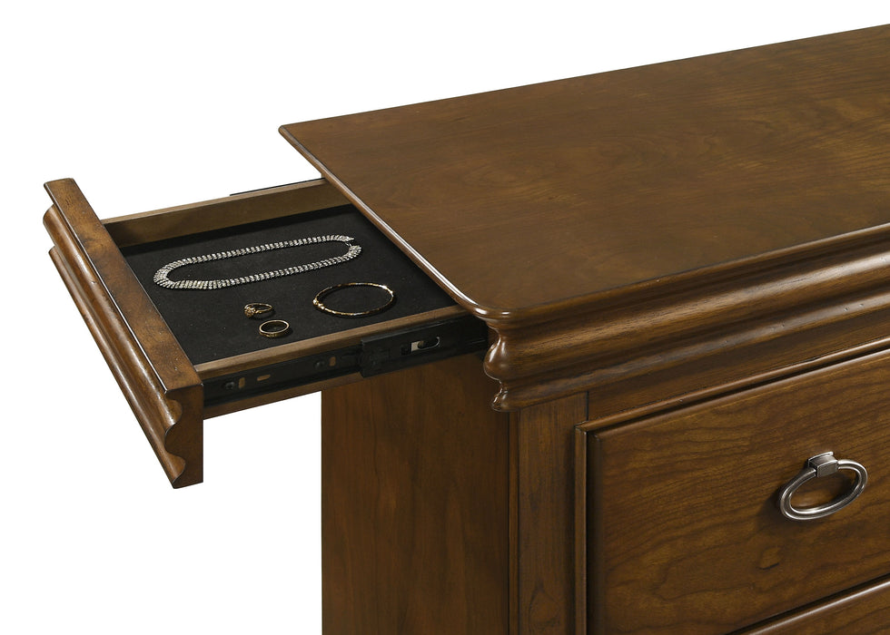 CoasterEveryday 5-piece Eastern King bedroom set in rich brown cherry finish, includes bed frame, nightstands, and dresser.