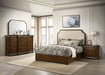 CoasterEveryday 4-piece Queen bedroom set with brown cherry finish, includes bed frame, dresser, mirror, and nightstands, stylish furniture.