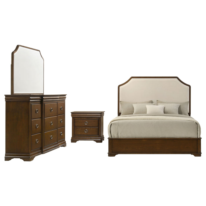 Four-piece brown cherry queen bedroom set by CoasterEveryday, including bed frame, dresser, nightstands, and mirror.
