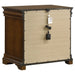 CoasterEveryday 4-piece Queen bedroom set in brown cherry finish, includes bed frame, dresser, mirror, and nightstands, with elegant wood details.