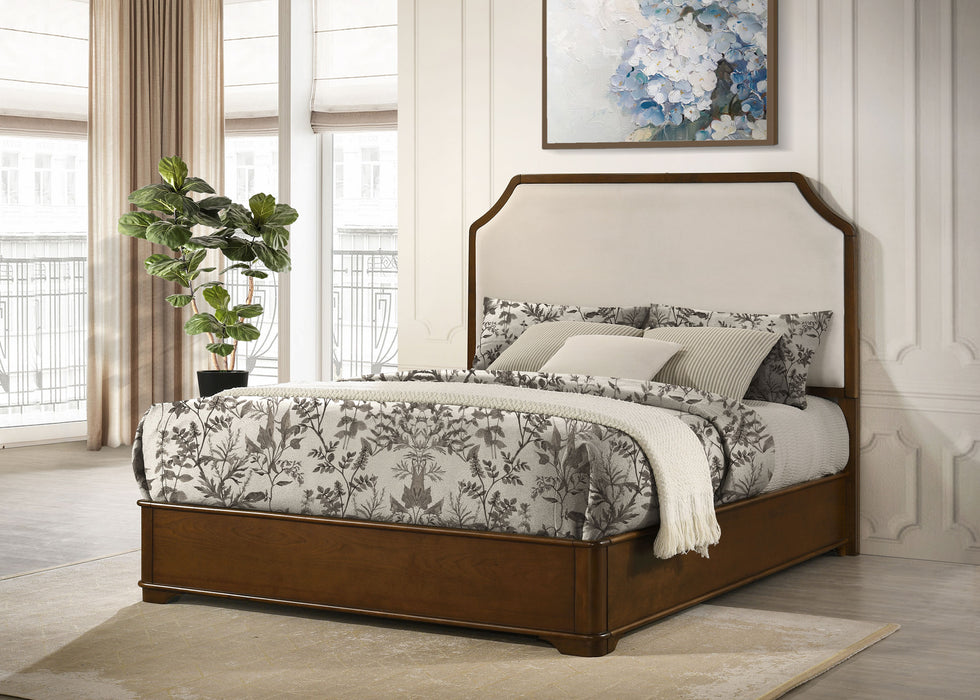 Cream and brown cherry 58-inch Queen Panel Bed by CoasterEveryday, showcasing wood frame and classic bedroom furniture design.