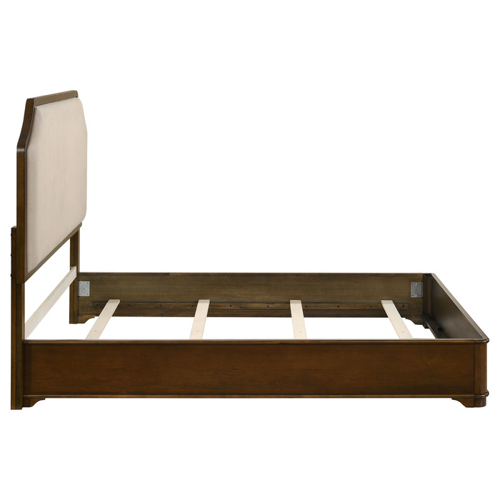 Cream and brown cherry 58-inch Queen Panel Bed from CoasterEveryday, showcasing elegant wood grain and classic design.