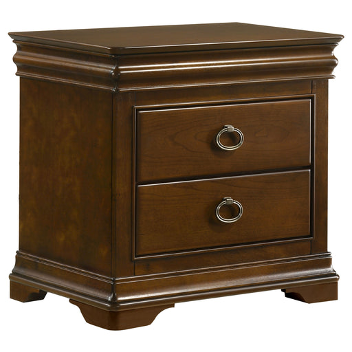 Brown cherry Garland 2-drawer nightstand by CoasterEveryday, featuring a sleek bedside table with two spacious drawers.