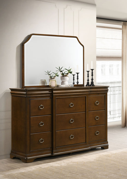 Brown cherry 9-drawer bedroom dresser with mirror by CoasterEveryday, featuring sleek wood finish and ample storage space.