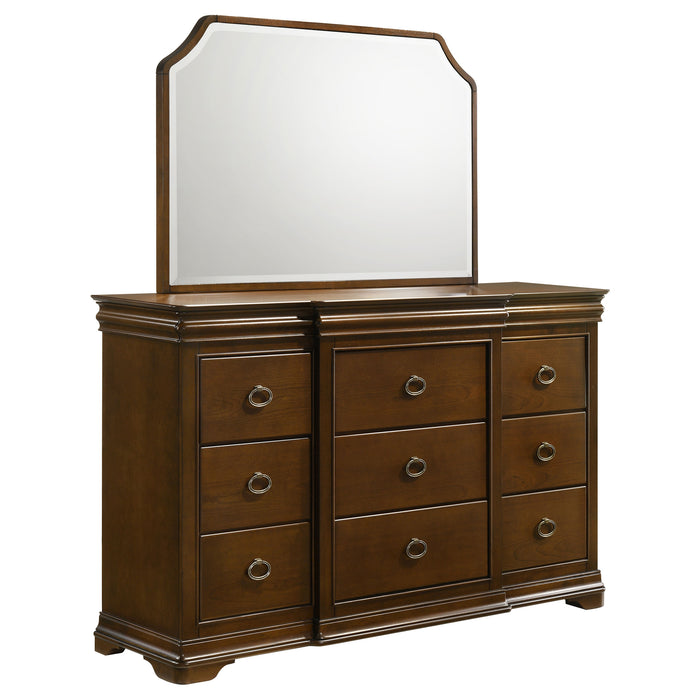 Brown cherry 9-drawer bedroom dresser with mirror from CoasterEveryday, showing the sleek wooden furniture with multiple drawers and attached mirror.