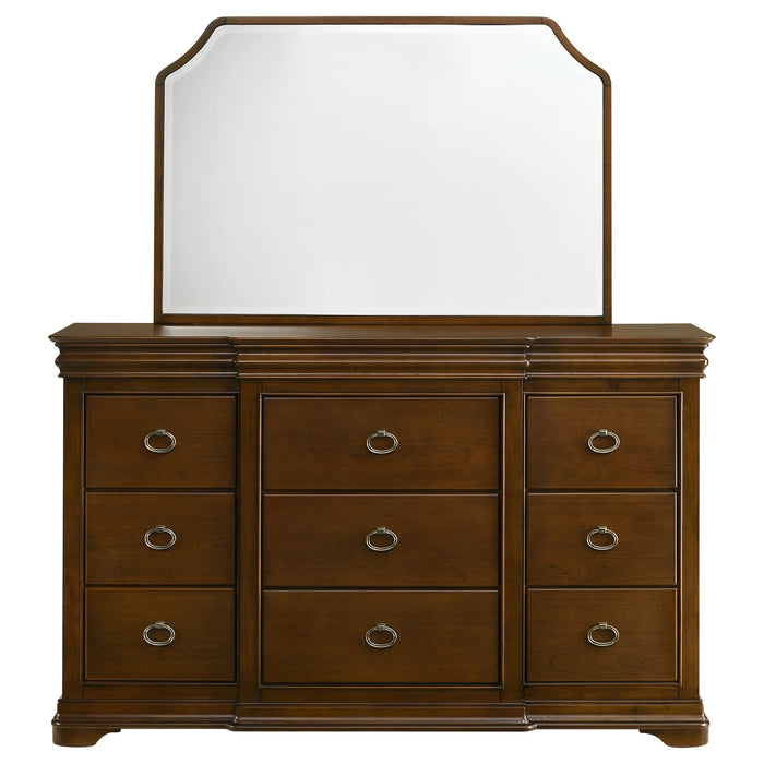 Brown cherry 9-drawer bedroom dresser with mirror from CoasterEveryday, featuring sleek wood finish and modern design.