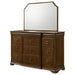 Brown cherry CoasterEveryday 9-drawer bedroom dresser with attached mirror and sleek furniture design.