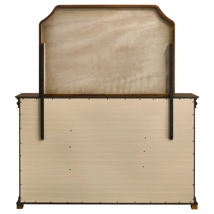 Brown cherry CoasterEveryday 9-drawer bedroom dresser with integrated mirror, featuring sleek wood finish and modern design.