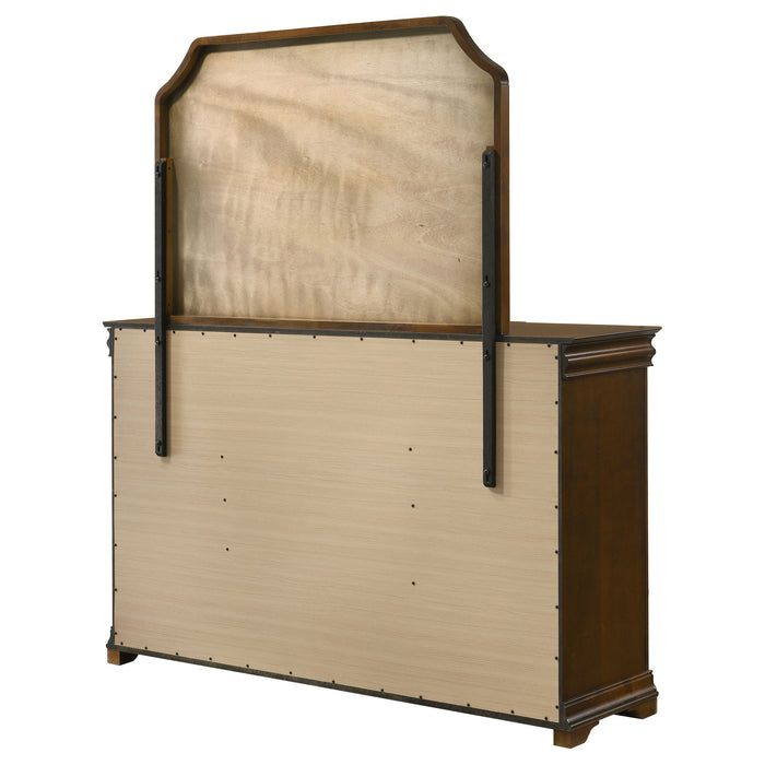 Brown cherry CoasterEveryday 9-drawer bedroom dresser with mirror, featuring sleek wood finish and ample storage.