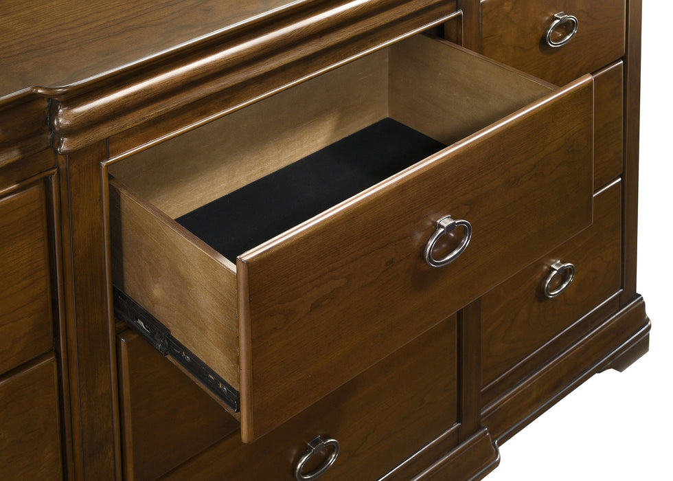 Brown cherry 9-drawer bedroom dresser with mirror by CoasterEveryday, showcasing a sleek wooden furniture piece with ample storage.