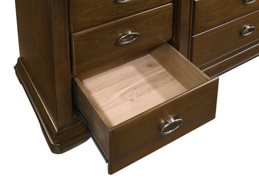 Brown cherry CoasterEveryday 9-drawer bedroom dresser with attached mirror, showcasing sleek wood finish and modern furniture design.