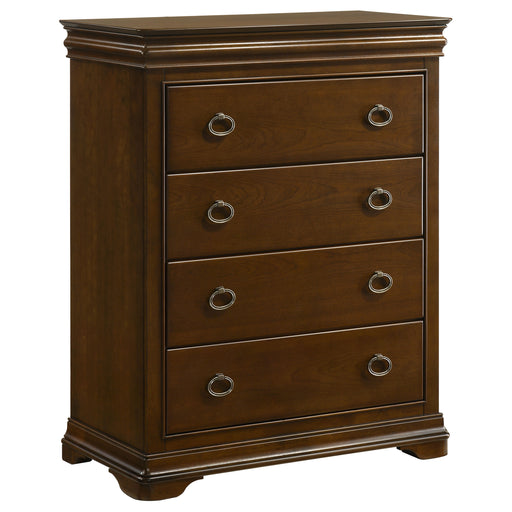 CoasterEveryday brown cherry 4-drawer bedroom chest of drawers, showing the front view with wood grain finish and sleek handles.