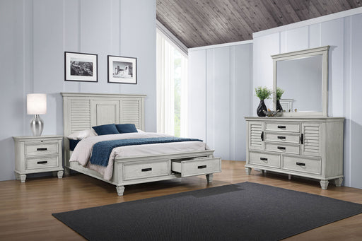CoasterEssence Franco 4-piece Eastern King bedroom set in distressed white includes bed frame, nightstands, and dresser, elegant furniture.