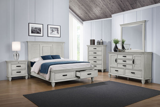CoasterEssence Franco 5-piece Eastern King bedroom set in distressed white with matching bed frame, nightstands, and dresser.