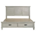 Distressed white Franco Wood Eastern King storage panel bed by CoasterEssence, showing the detailed wooden headboard and frame.