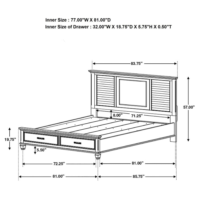 Distressed white Franco Wood Eastern King Storage Panel Bed by CoasterEssence, showcasing the elegant wooden headboard and storage panels.