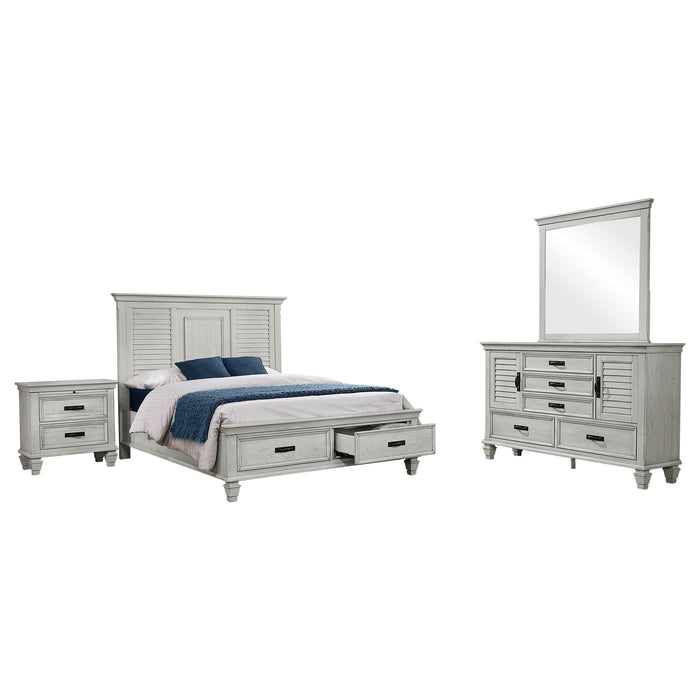 CoasterEssence Franco 4-piece Queen Bedroom Set in distressed white furniture, including bed frame, nightstands, and dresser.