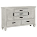 CoasterEssence Franco 4-piece queen bedroom set in distressed white includes bed frame, dresser, nightstands, and mirror.