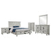 CoasterEssence Franco 5-piece Queen bedroom set in distressed white with a bed frame, nightstands, dresser, and mirror.