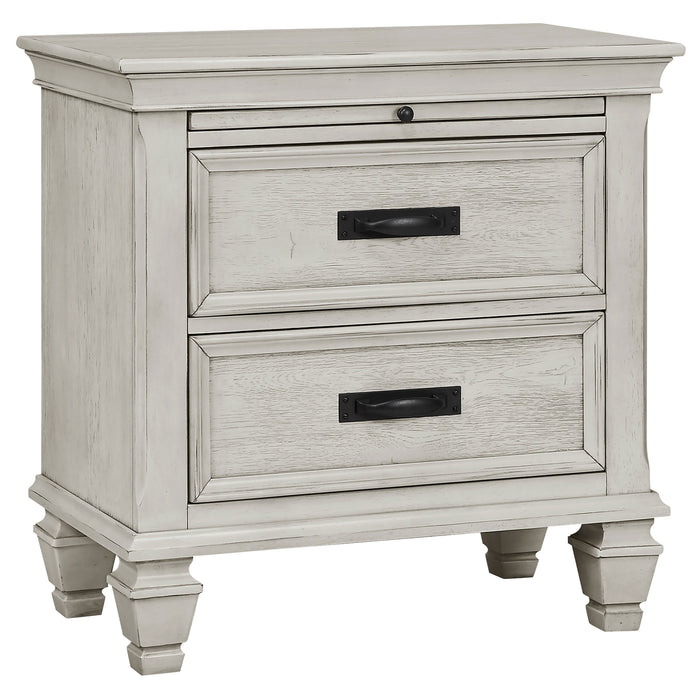 Franco 5-piece queen bedroom set by CoasterEssence featuring distressed white finish, includes bed frame, nightstands, and dresser.