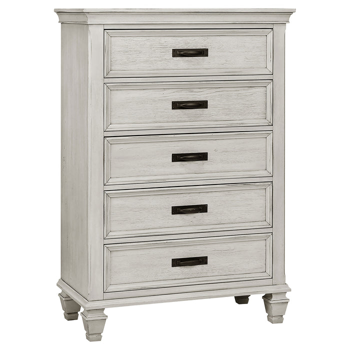 CoasterEssence Franco 5-piece Queen bedroom set in distressed white includes bed, nightstands, and dresser with classic furniture design.