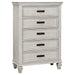 CoasterEssence Franco 5-piece Queen bedroom set in distressed white includes bed, nightstands, and dresser with classic furniture design.