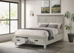 Distressed white Franco Wood Queen Storage Panel Bed by CoasterEssence with built-in storage drawers and classic furniture style.