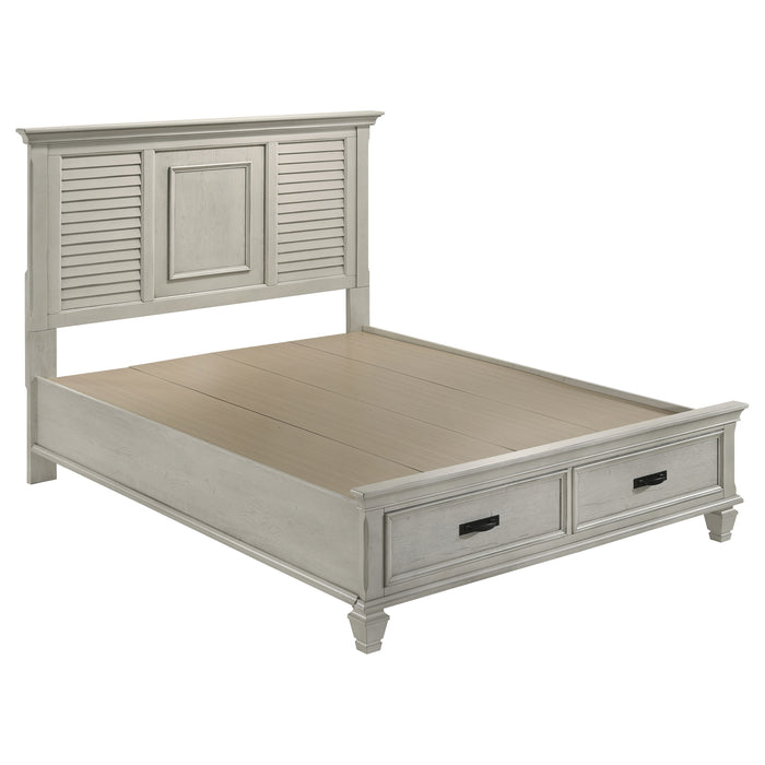 Franco Wood Queen Storage Panel Bed by CoasterEssence in distressed white finish, showing the headboard and storage drawers.