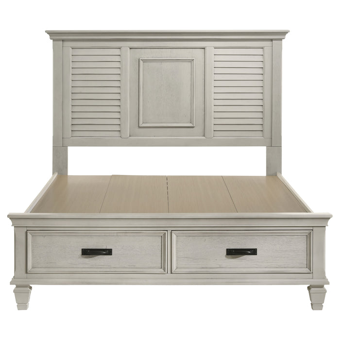 Distressed white Franco Wood Queen Storage Panel Bed by CoasterEssence, showing the headboard and storage drawers in a modern bedroom setting.