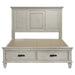 Distressed white Franco Wood Queen Storage Panel Bed by CoasterEssence, showing the headboard and storage drawers in a modern bedroom setting.