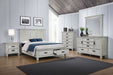 CoasterEssence Franco Wood Queen Storage Panel Bed in distressed white finish, showcasing the elegant headboard and storage drawers.