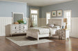 CoasterEssence Franco 4-piece Eastern King bedroom set with distressed white finish, includes bed frame, dresser, and matching nightstands.