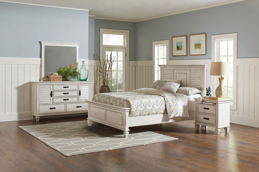 CoasterEssence Franco 4-piece Eastern King bedroom set with distressed white finish, includes bed frame, dresser, and matching nightstands.