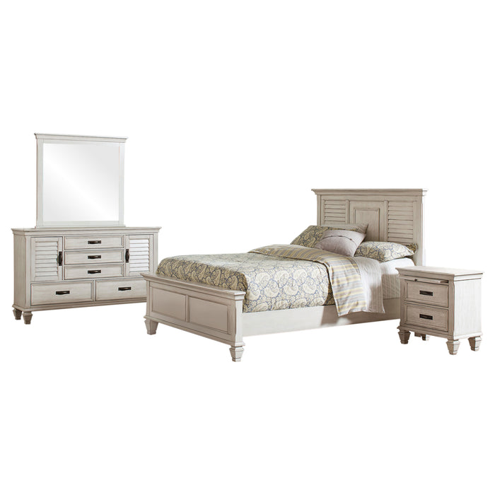 CoasterEssence Franco 4-piece Eastern King bedroom set with distressed white finish, includes bed frame, dresser, mirror, and nightstands.