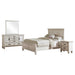 CoasterEssence Franco 4-piece Eastern King bedroom set with distressed white finish, includes bed frame, dresser, mirror, and nightstands.