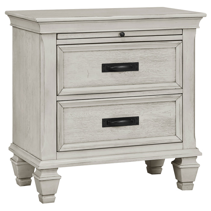 CoasterEssence Franco 4-piece Eastern King bedroom furniture set in distressed white, including bed, nightstands, and dresser.