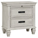 CoasterEssence Franco 4-piece Eastern King bedroom furniture set in distressed white, including bed, nightstands, and dresser.
