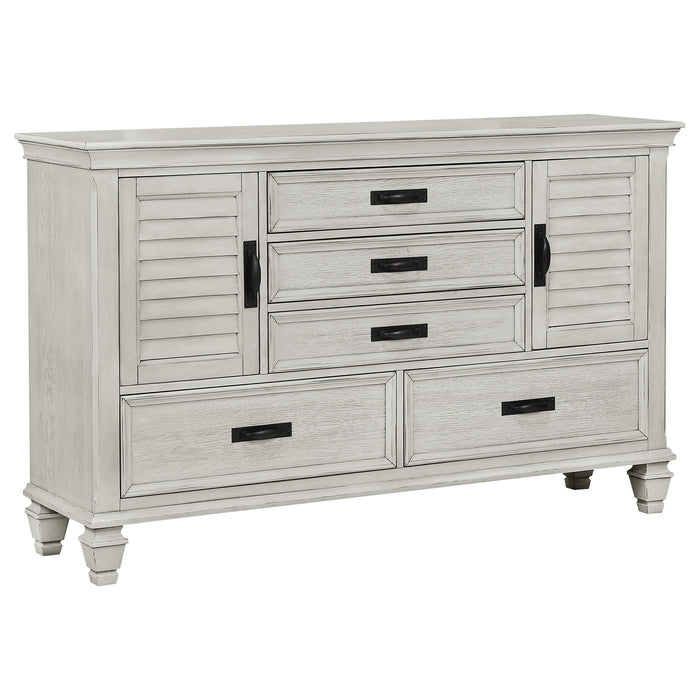 CoasterEssence Franco 4-piece Eastern King bedroom furniture set in distressed white with bed frame, nightstands, and dresser.