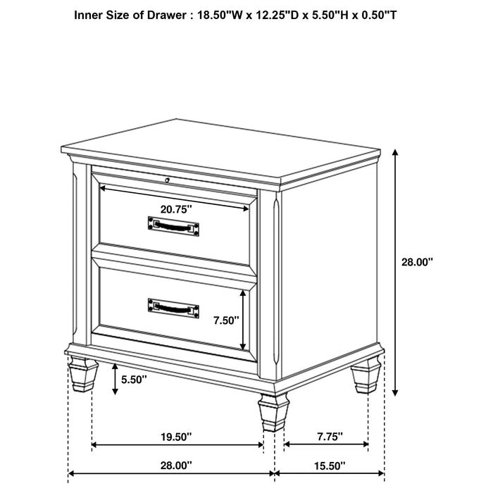 CoasterEssence Franco 4-piece Eastern King bedroom set in distressed white wood with matching bed frame and storage drawers.