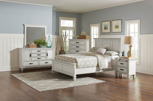 CoasterEssence Franco 5-piece Eastern King bedroom set in distressed white, featuring a bed frame, matching nightstands, and dresser
