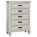 CoasterEssence Franco 5-piece Eastern King bedroom set in distressed white wood with matching headboard and storage drawers.
