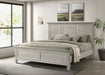 Distressed white Franco Wood Eastern King Panel Bed by CoasterEssence with a classic wooden design and paneled headboard.