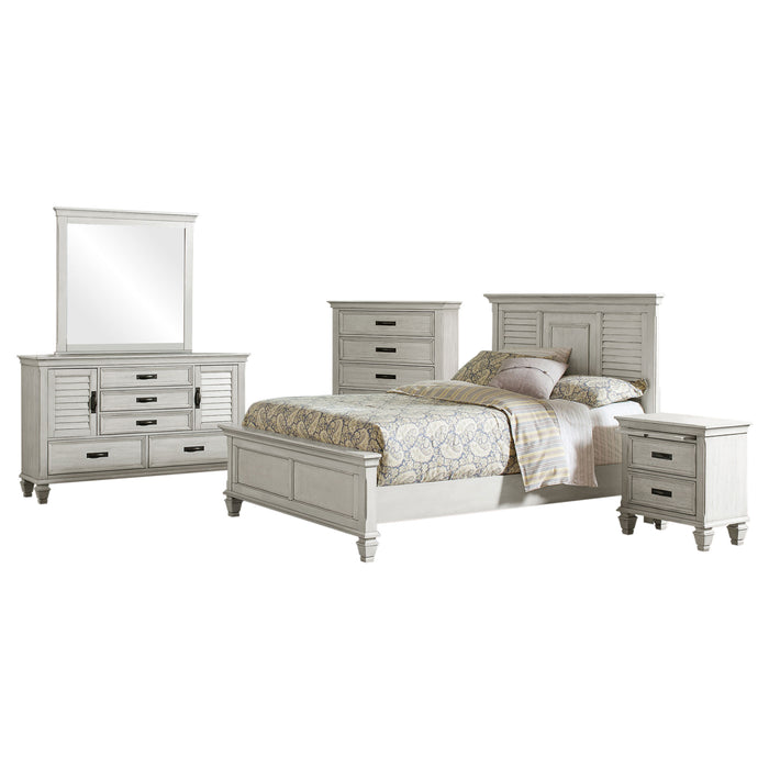 CoasterEssence Franco 5-piece Queen bedroom set in distressed white wood, including bed frame, nightstands, and dresser.